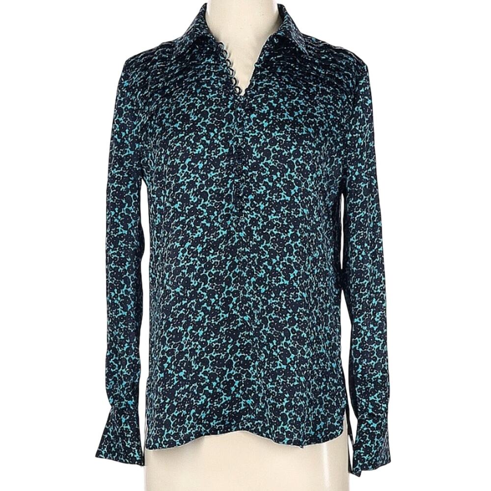 Equipment Blue Teal Ditsy Floral Button Down Blouse Womens XS Satin Long Sleeve
